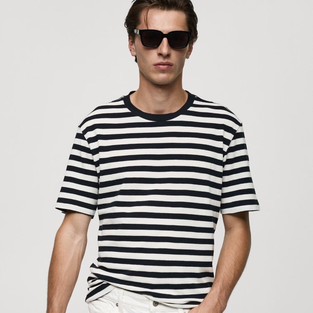 Stunning Contrast Dark Navy White Mango 100% Cotton Regular-fit Striped T-shirt
